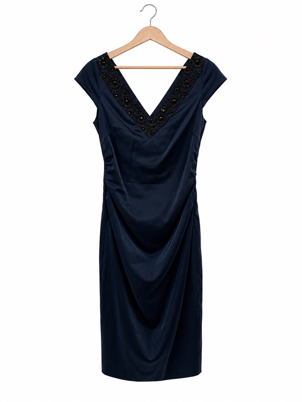 Maggy London Size 10 Navy Blue Embellished V Neck Midi Cocktail Dress Formal